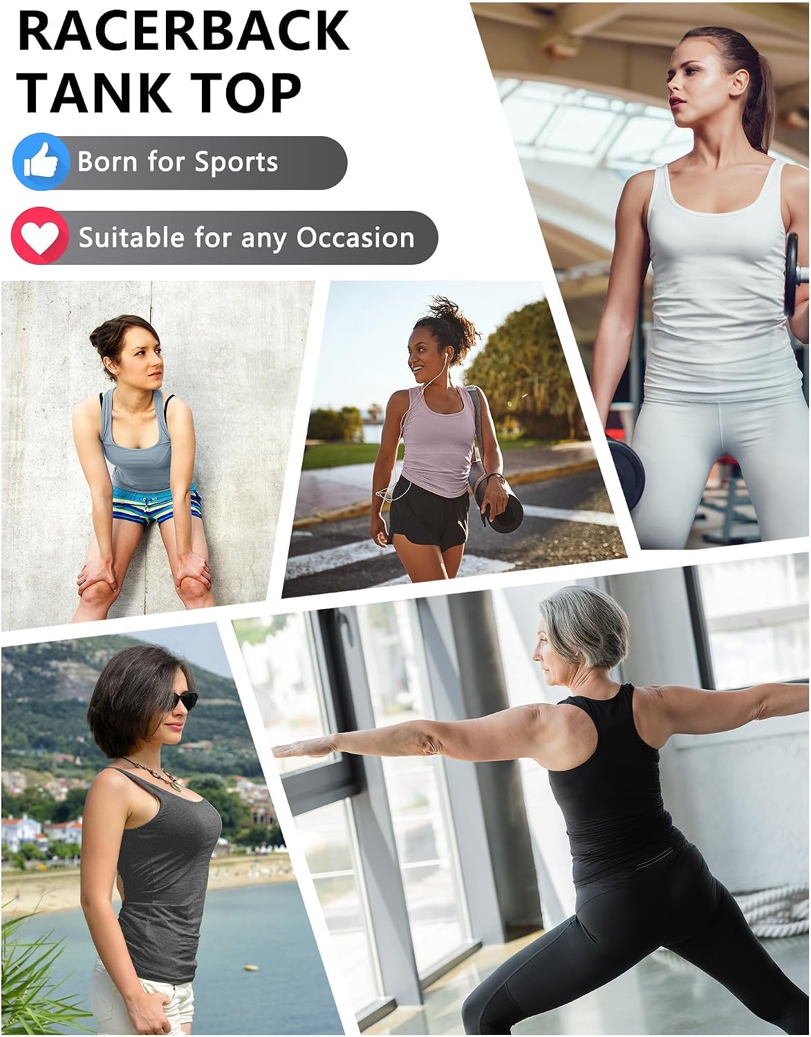5 Pack Women's Workout Racerback Tank Tops No Built-in Bra | Fitted, Spandex, Yoga, Active, Exercise, Athletic, Running, Gym, Sports, Crop, Tops, for Women
