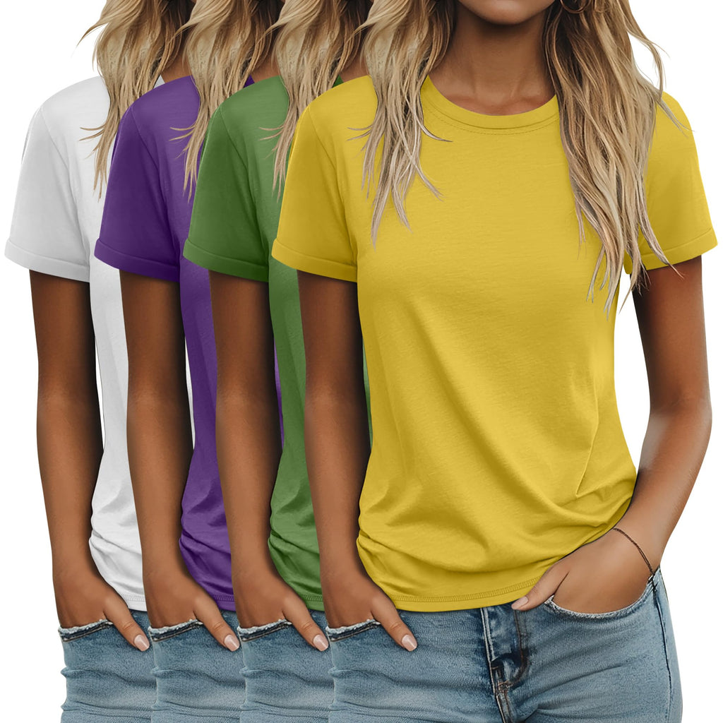4 Pack Women's Cotton T Shirts | Casual, Short Sleeve, Tunic Tops, Crewneck, Plain, Loose Fit, Rolled Sleeve, Basic Tee, Summer