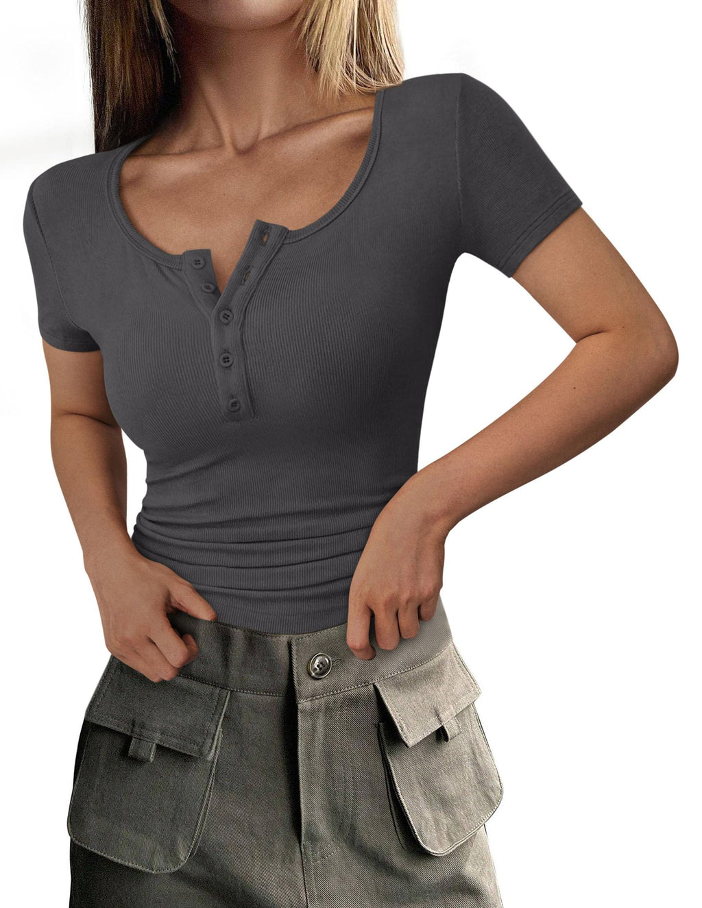 Women's Summer Tops Henley Tee Shirts | Soft Ribbed Fabric, Button Up, Short Sleeve, Slim Fitted, Basic Tshirts, Casual Trendy, Going Out Outfits, Fashion Clothing