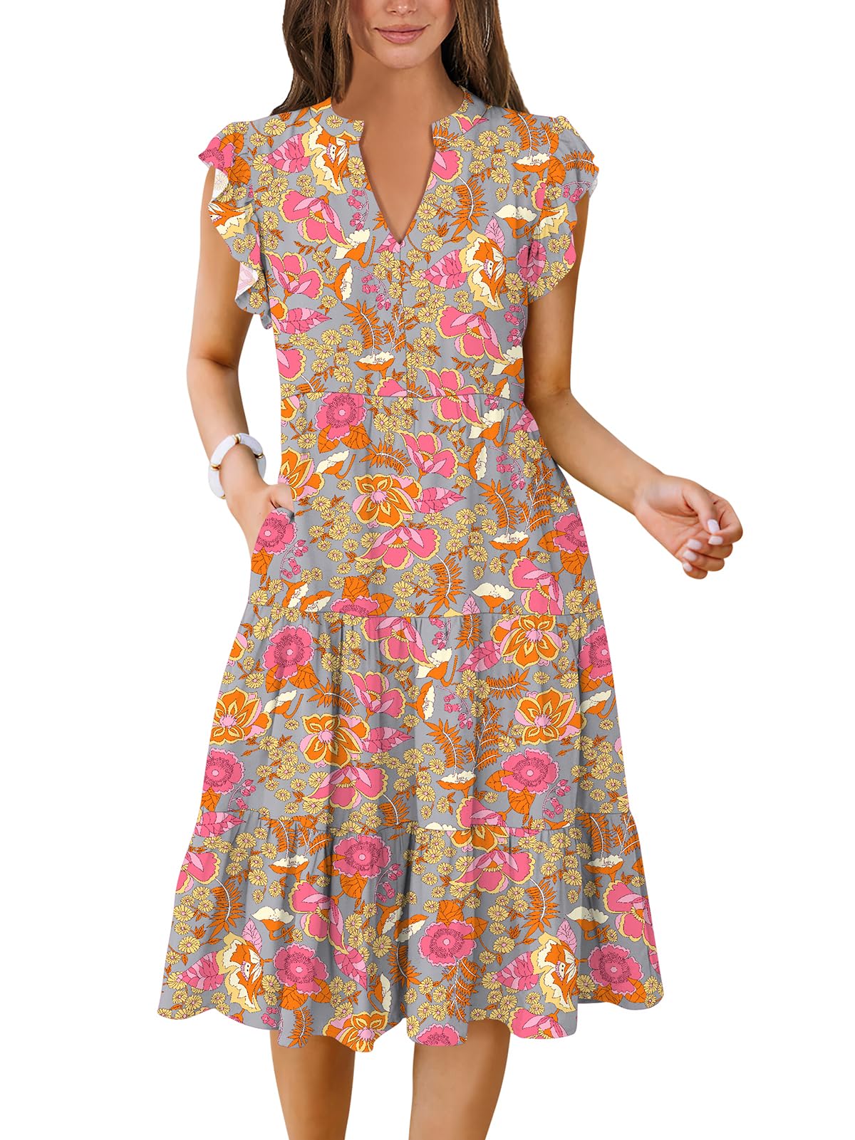 Womens Summer Dress Ruffle Sleeve V Neck Midi Dresses Fashion Casual Fit Flowy Tiered Boho Beach Vacation Sundress