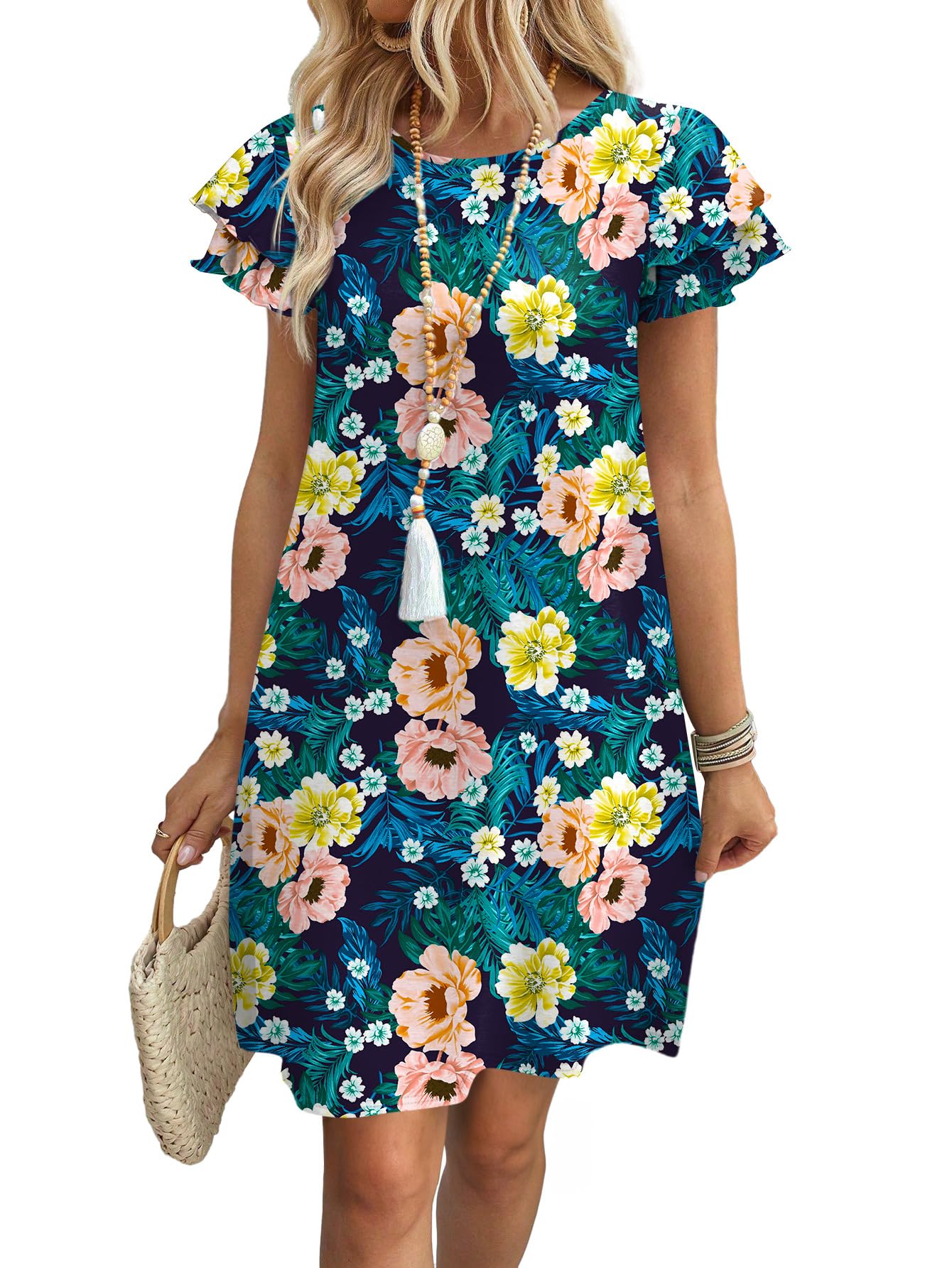 Womens Summer Dresses 2026 Ruffle Sleeve Round Neck Loose Swing Sundresses with Pockets Plain/Print