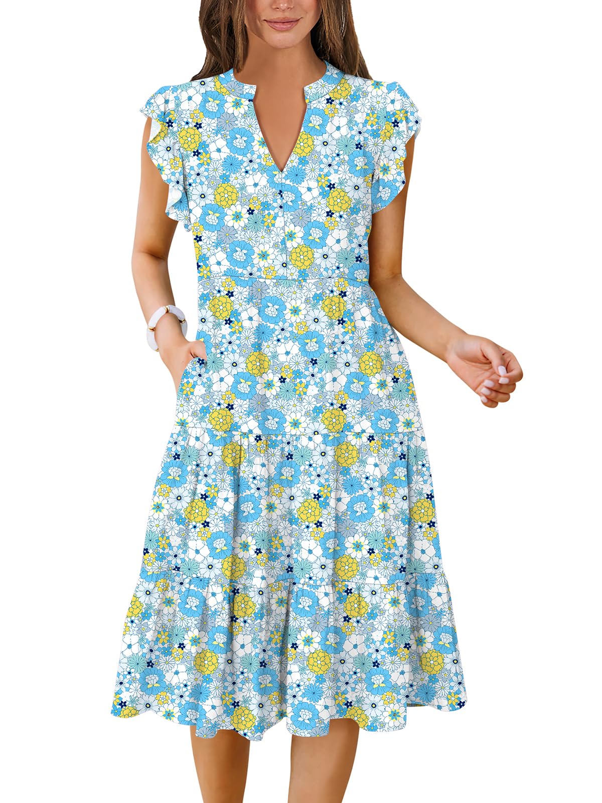 Womens Summer Dress Ruffle Sleeve V Neck Midi Dresses Fashion Casual Fit Flowy Tiered Boho Beach Vacation Sundress