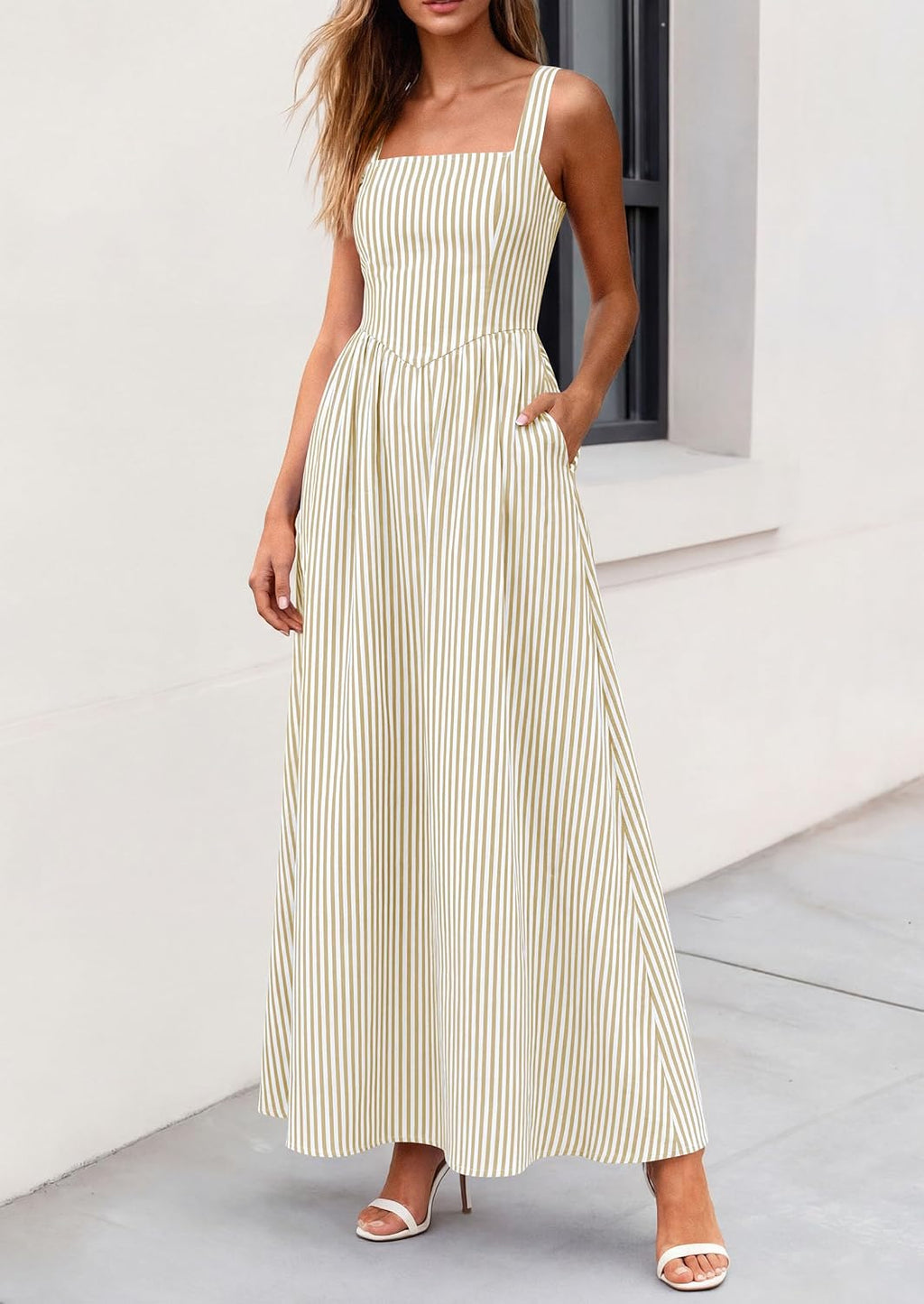 Women's Maxi Dress Summer Striped Sundress | Sleeveless Square Neck, Long Flowy A Line, Smocked Back, Pockets, Casual Spring Outfits for Beach Vacation, Resort, Party