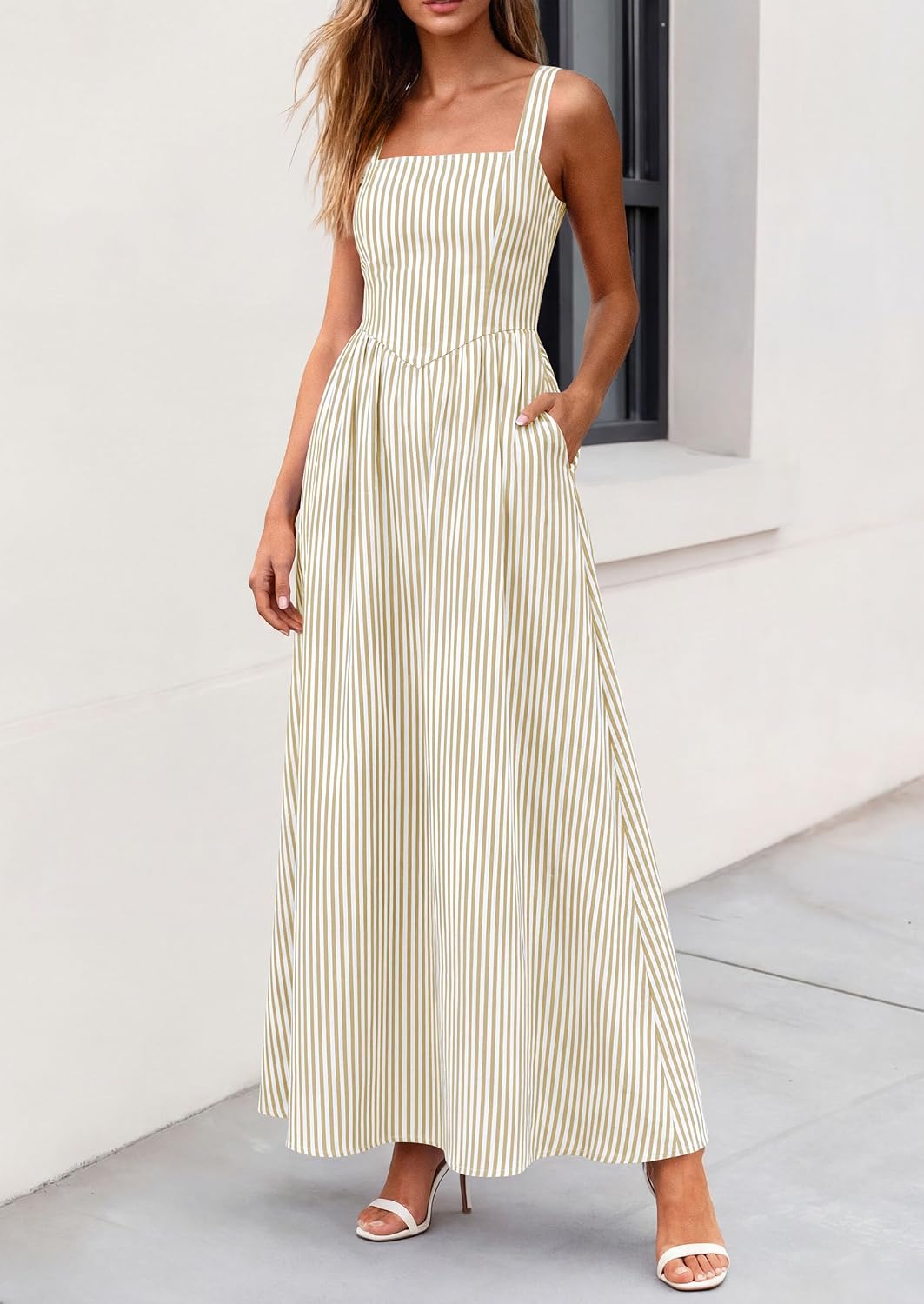 Women's Maxi Dress Summer Striped Sundress | Sleeveless Square Neck, Long Flowy A Line, Smocked Back, Pockets, Casual Spring Outfits for Beach Vacation, Resort, Party
