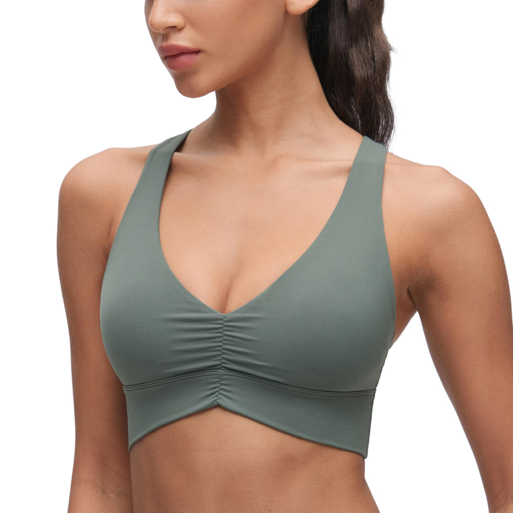 YOGA Ruched V Neck Sports Bra | Light Support, Removable Pads, Yoga, Extremely Soft, Cross Back, Wide Straps, for Women