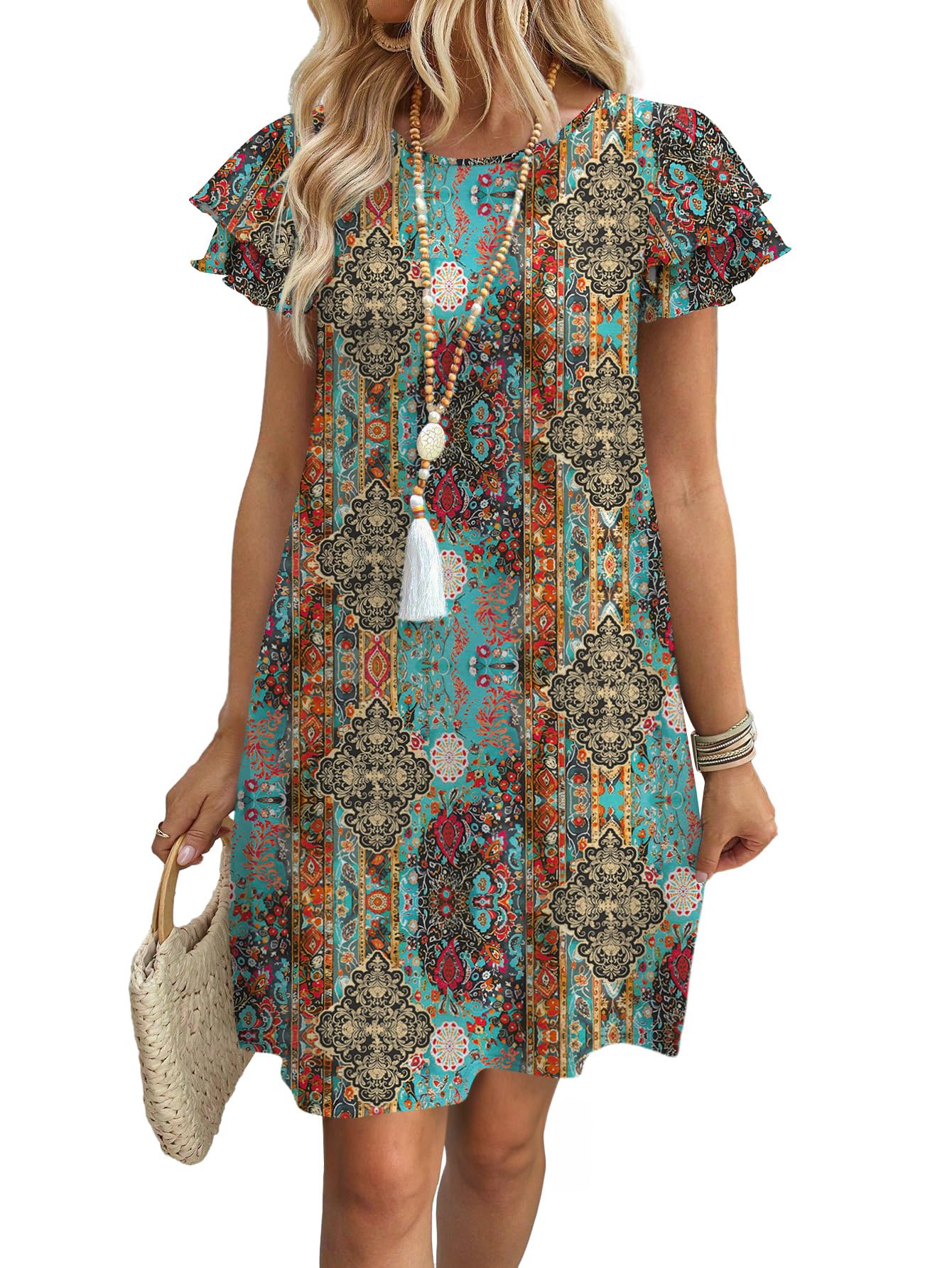Womens Summer Dresses 2026 Ruffle Sleeve Round Neck Loose Swing Sundresses with Pockets Plain/Print