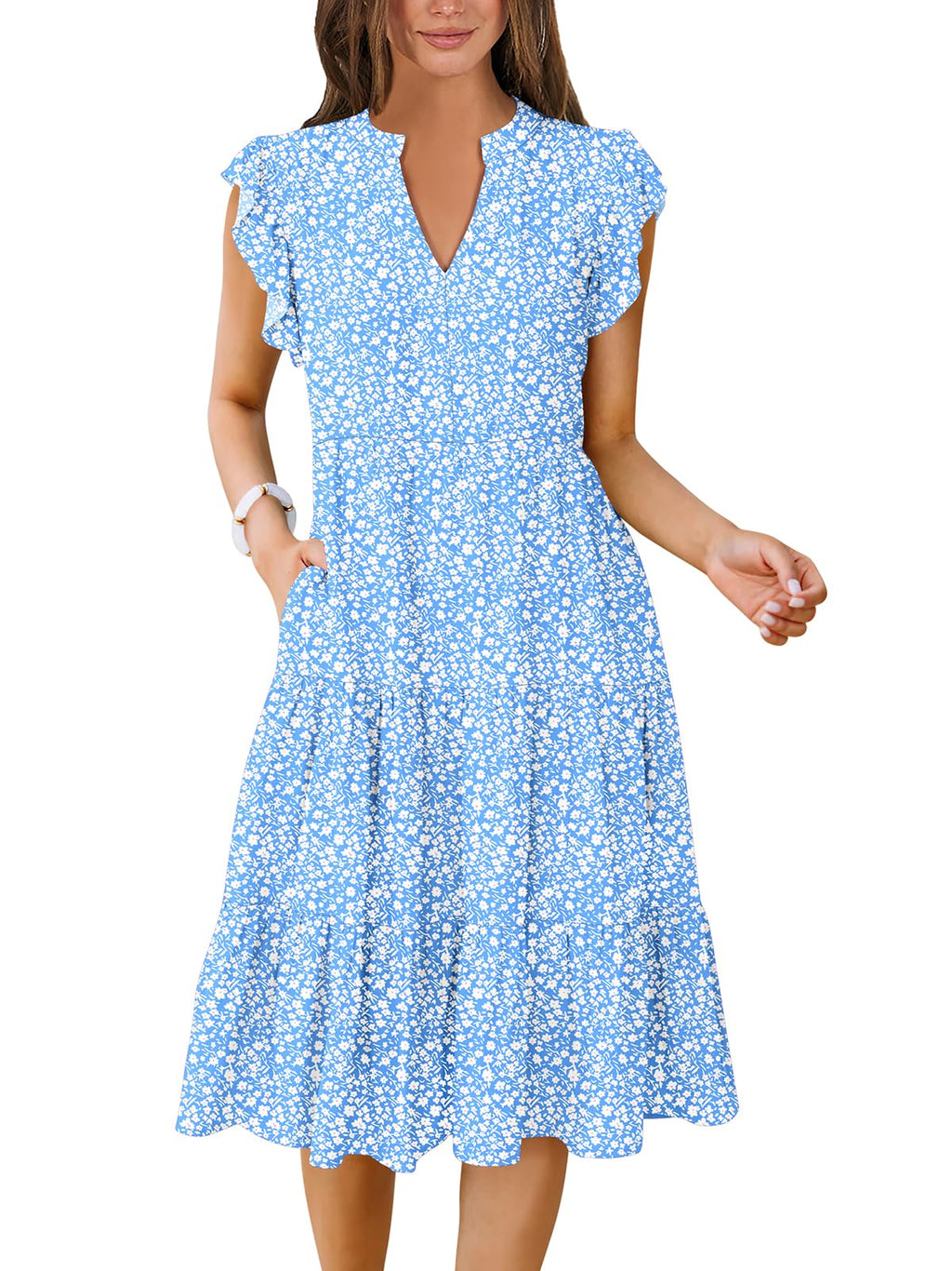 Womens Summer Dress Ruffle Sleeve V Neck Midi Dresses Fashion Casual Fit Flowy Tiered Boho Beach Vacation Sundress