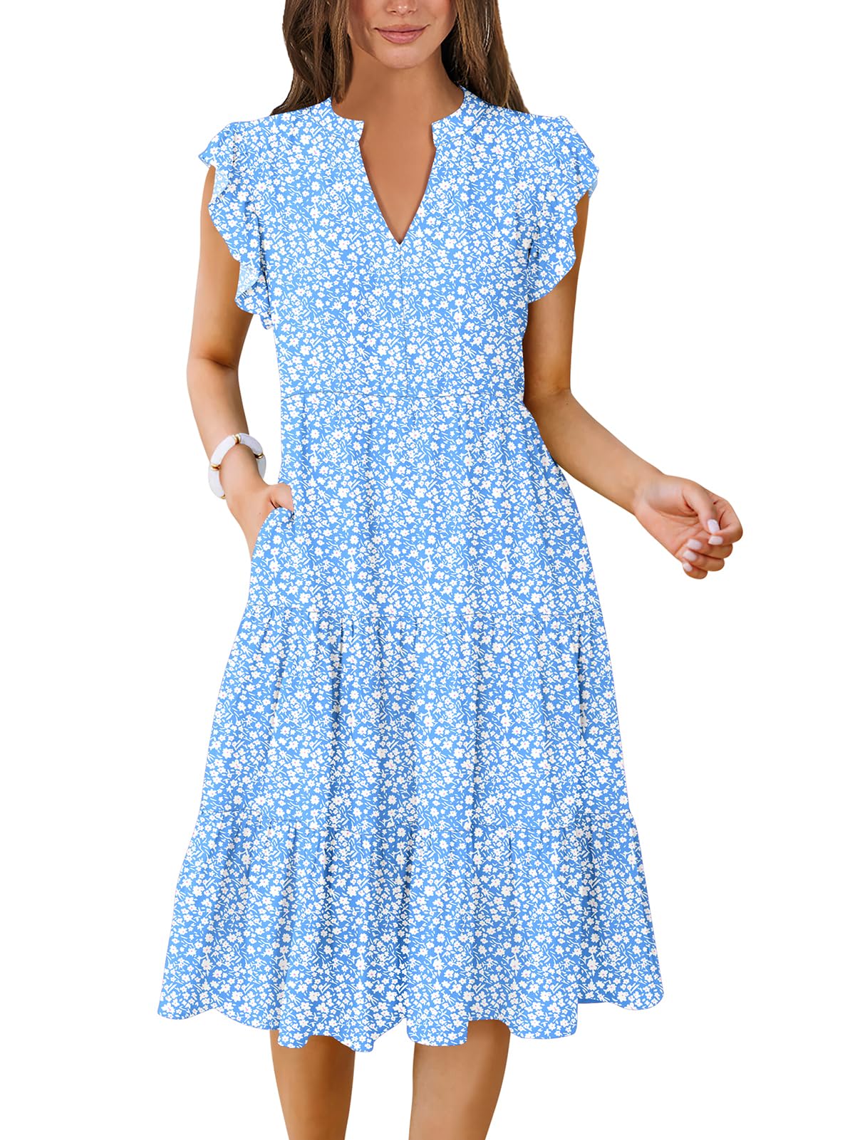 Womens Summer Dress Ruffle Sleeve V Neck Midi Dresses Fashion Casual Fit Flowy Tiered Boho Beach Vacation Sundress