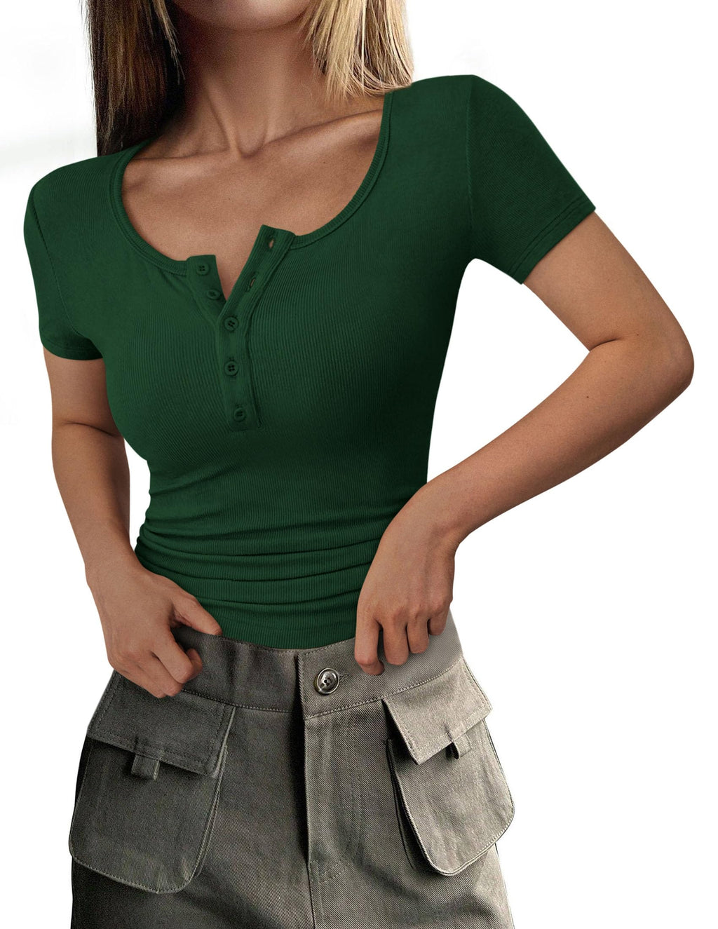 Women's Summer Tops Henley Tee Shirts | Soft Ribbed Fabric, Button Up, Short Sleeve, Slim Fitted, Basic Tshirts, Casual Trendy, Going Out Outfits, Fashion Clothing