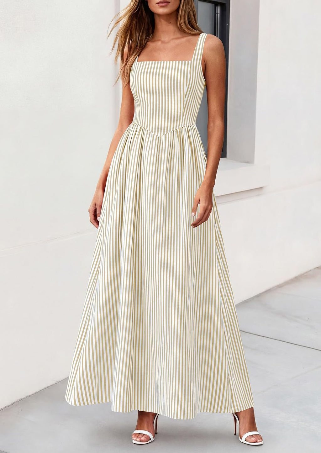 Women's Maxi Dress Summer Striped Sundress | Sleeveless Square Neck, Long Flowy A Line, Smocked Back, Pockets, Casual Spring Outfits for Beach Vacation, Resort, Party