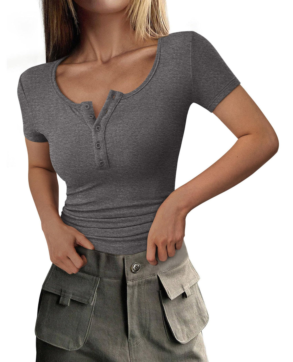 Women's Summer Tops Henley Tee Shirts | Soft Ribbed Fabric, Button Up, Short Sleeve, Slim Fitted, Basic Tshirts, Casual Trendy, Going Out Outfits, Fashion Clothing