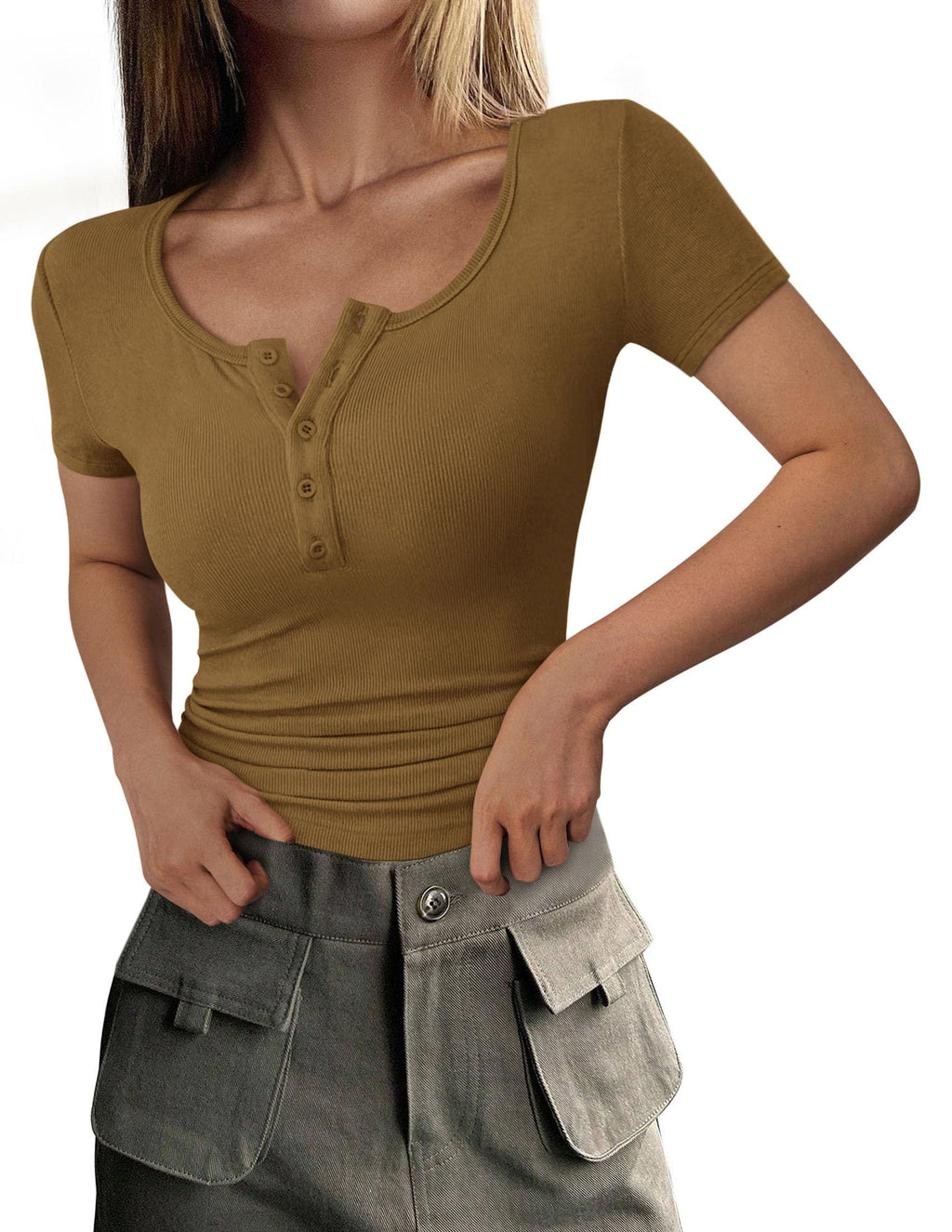Women's Summer Tops Henley Tee Shirts | Soft Ribbed Fabric, Button Up, Short Sleeve, Slim Fitted, Basic Tshirts, Casual Trendy, Going Out Outfits, Fashion Clothing