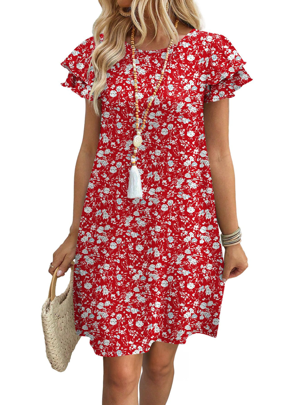 Womens Summer Dresses 2026 Ruffle Sleeve Round Neck Loose Swing Sundresses with Pockets Plain/Print