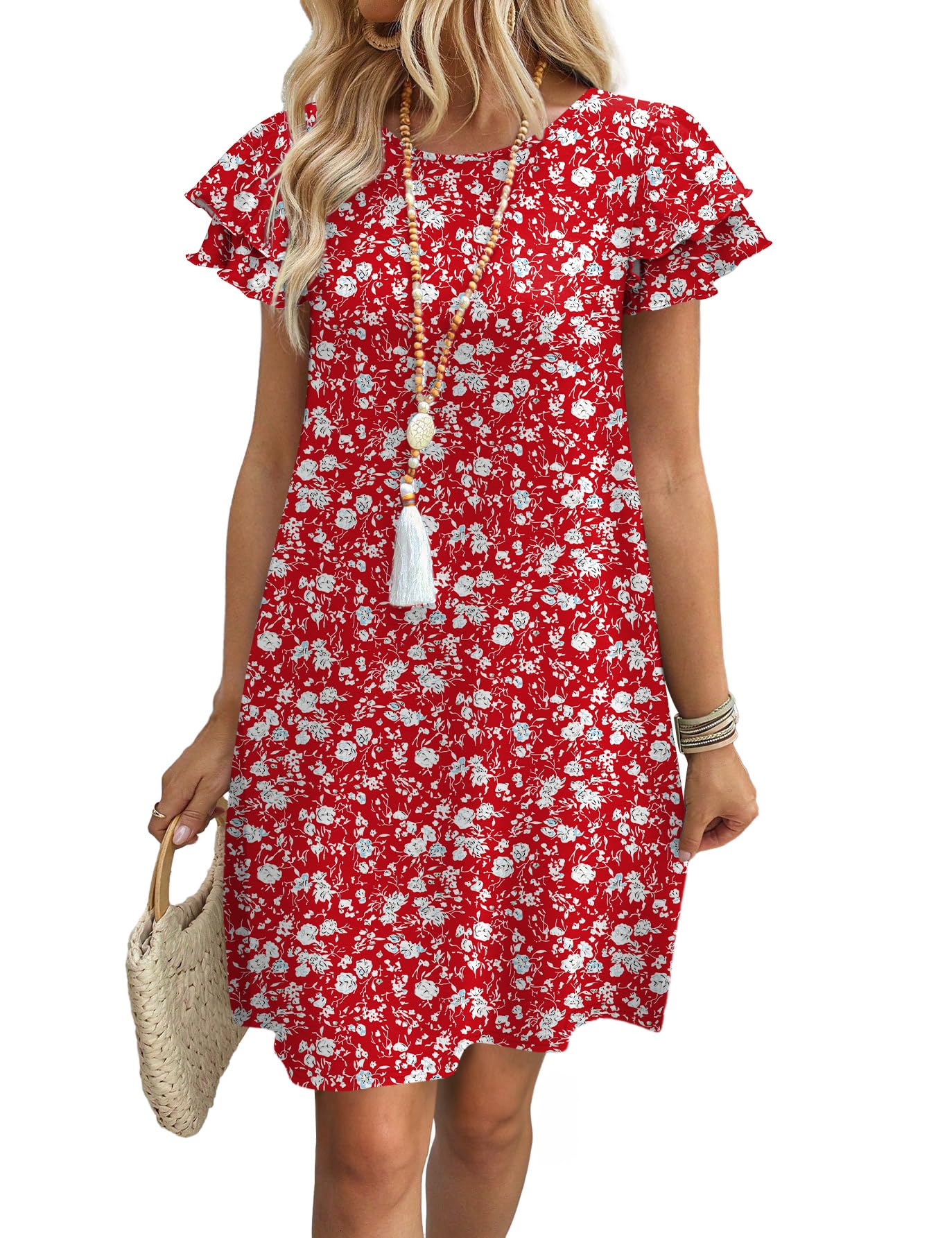 Womens Summer Dresses 2026 Ruffle Sleeve Round Neck Loose Swing Sundresses with Pockets Plain/Print