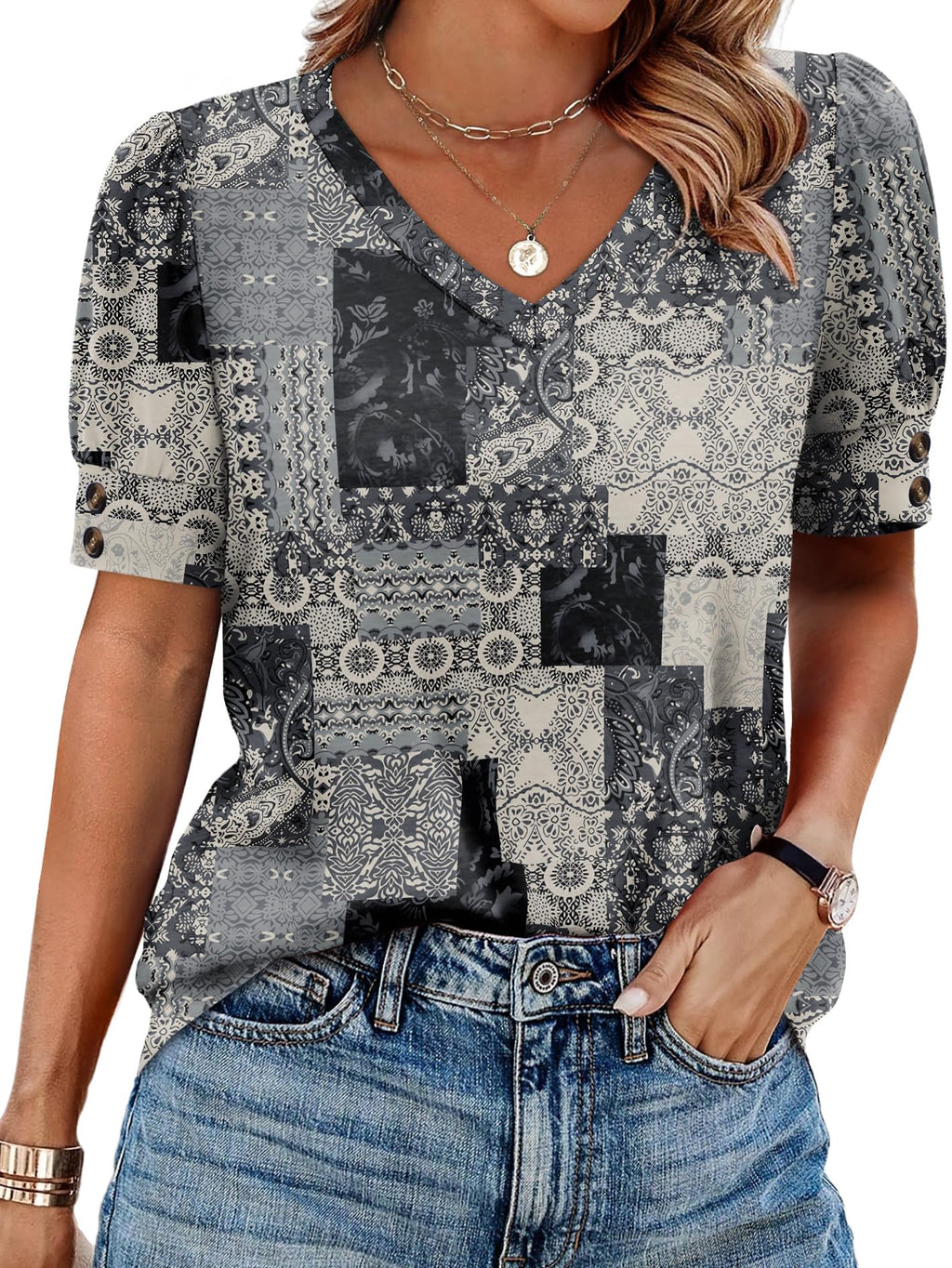 Womens Tops Short Sleeve Shirts Buttons V Neck Spring Fashion Summer Outfits Plus Size Blouses Dressy Casual