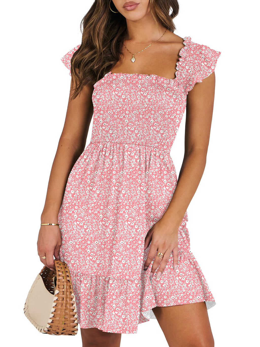 Women's Summer Casual Sleeveless Square Neck Dress 2026 Smocked Ruffle Backless Boho Beach Cute Teen Short Sundress
