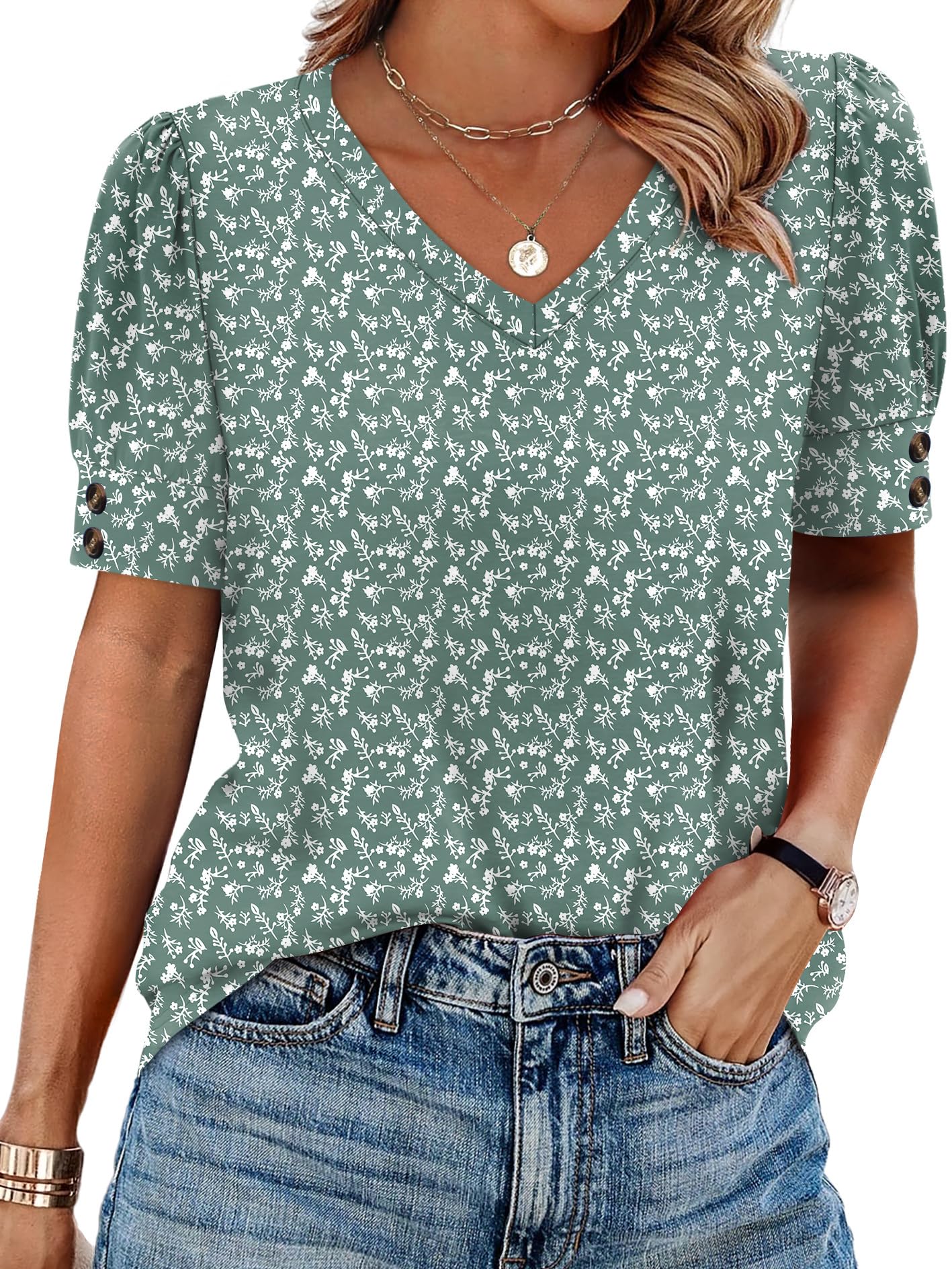Womens Tops Short Sleeve Shirts Buttons V Neck Spring Fashion Summer Outfits Plus Size Blouses Dressy Casual