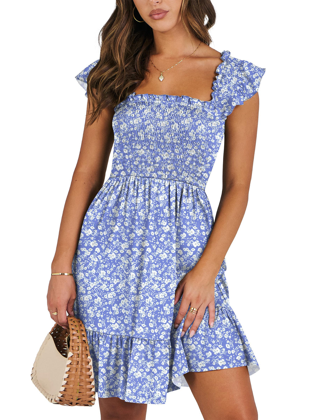 Women's Summer Casual Sleeveless Square Neck Dress 2026 Smocked Ruffle Backless Boho Beach Cute Teen Short Sundress