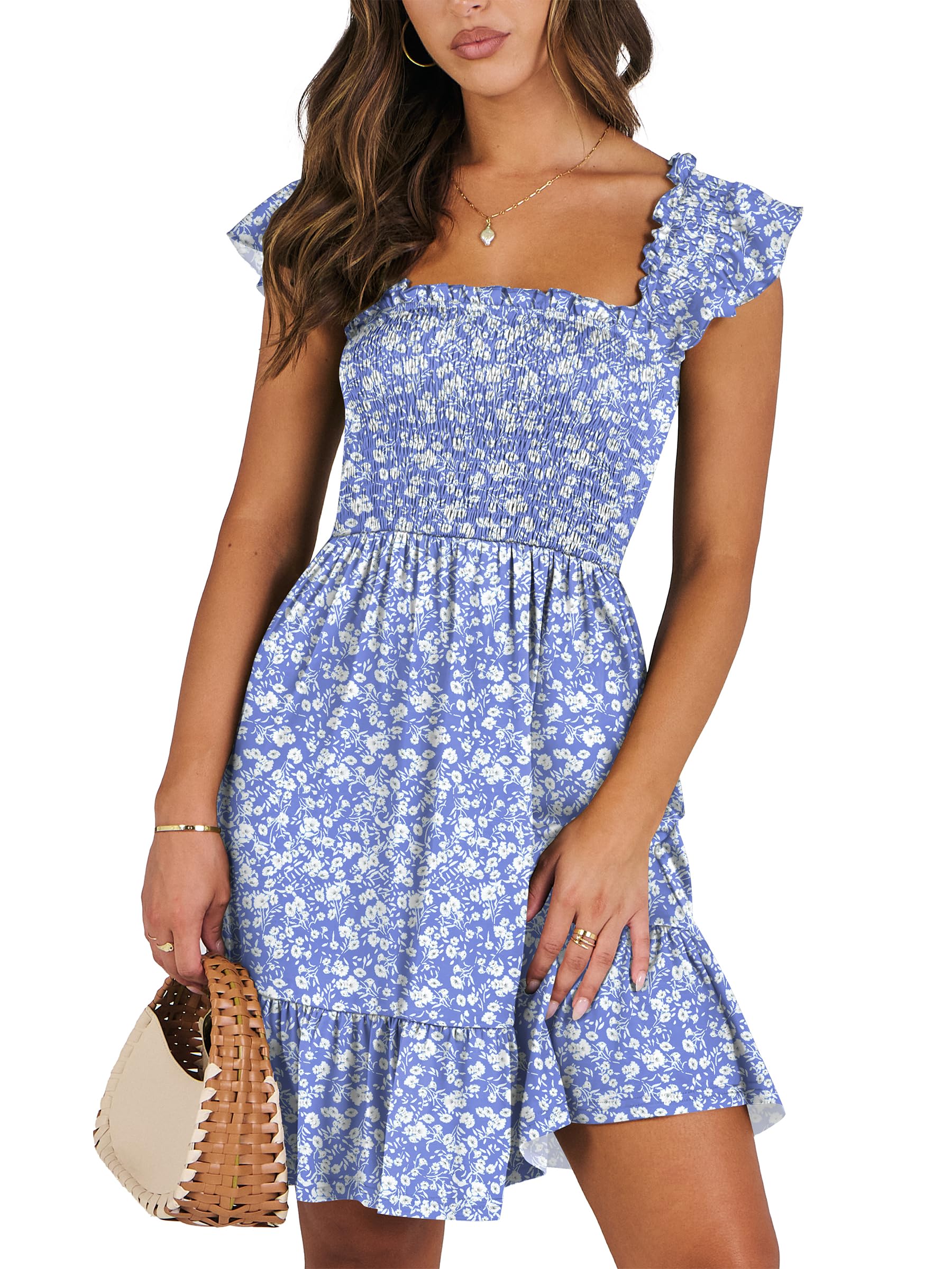 Women's Summer Casual Sleeveless Square Neck Dress 2026 Smocked Ruffle Backless Boho Beach Cute Teen Short Sundress