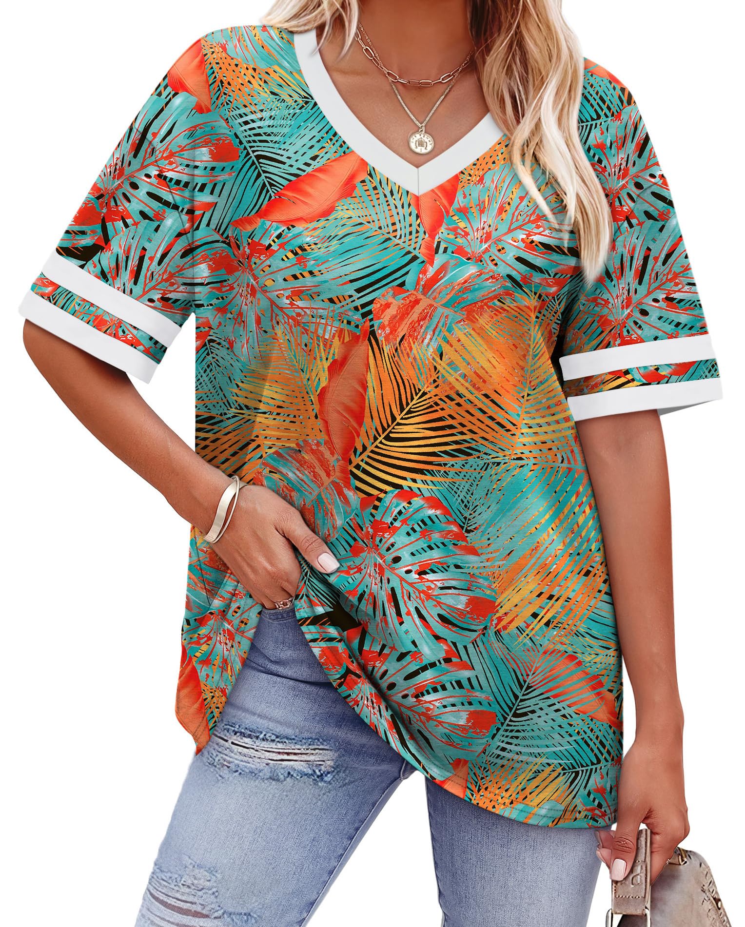Womens T Shirts Loose Fit Short Sleeve Tees V Neck Color Block Summer Tops 2026 Fashion S-4XL